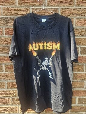 Autism Skeleton Guns Graphic T-Shirt – Size Large
Black graphic T-shirt featurin